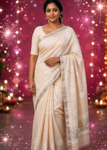 Elegant Beige Saree with White Embroidery