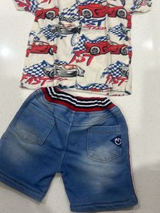 Boys Car Print Shirt &amp; Denim Shorts Set