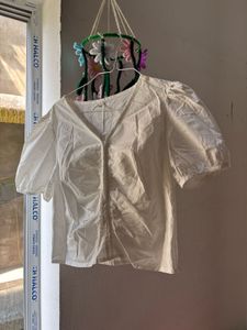 White Puff-Sleeve Ruched Blouse