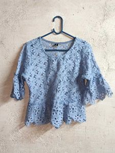 Blue Lace Bell Sleeve Top Sheer Cropped