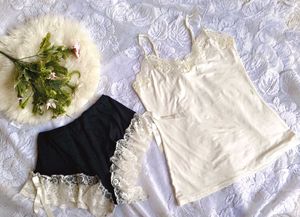 Lace Trimmed Cream Camisole & Black Shorts Set