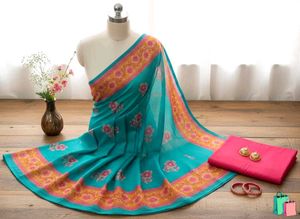 Beautiful Teal Floral Saree with Free Cotton Towel