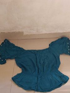 Teal Off-Shoulder Top with Pearl Embellishments