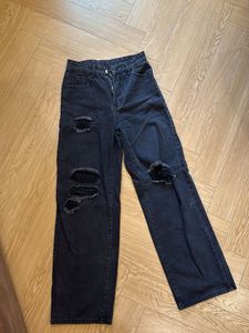 Black Distressed Wide Leg Jeans