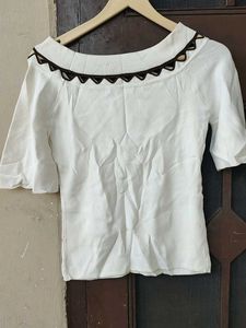 White Scalloped Neck Top