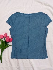 Blue Textured Short-Sleeve Top