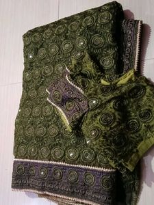 Embroidered Green Saree with Blouse