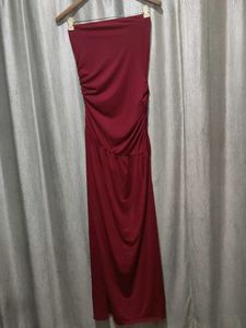 Burgundy Strapless Ruched Maxi Dress