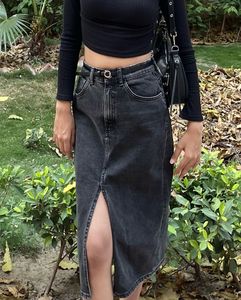 Washed Black Denim Slit Skirt