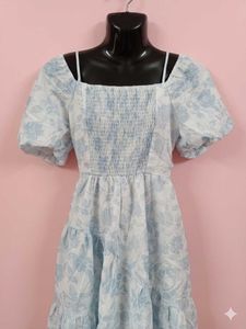 Light Blue Puff Sleeve Bow Dress