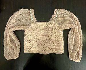 Sheer Polka Dot Ruched Square Neck Top