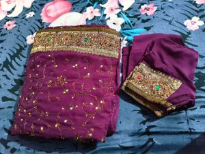 Beautiful Embellished Purple Saree with stitched b
