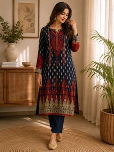 Elegant Navy Blue & Red Kurta embroidery