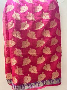 Vibrant Pink Saree with Golden Leaf Print