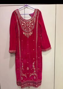 pure Vibrant Pink Velvet Kurta with Embellishments