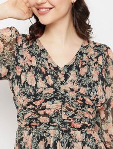 Floral Print Sheer V-Neck Midi Dress