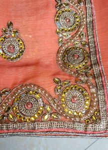 Beautiful Peach/Coral Embroidered Saree with Heavy