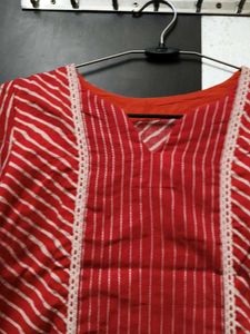 Red &amp; White Striped Cotton Kurta