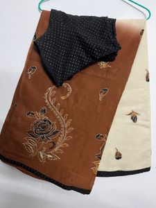 Elegant Brown &amp; Cream Saree with stitched Blouse