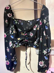 Black Floral Square Neck Crop Top