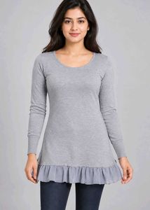 Grey Ruffle Hem Long Sleeve Top