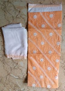 Orange &amp; White Embroidered Dress Material with Dup