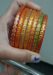 Colorful Glass Bangles with Gold Floral Design