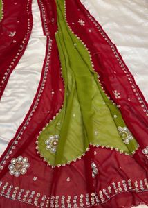 Red and Green Embellished Saree