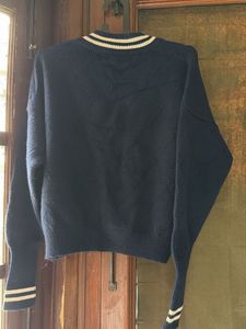 Navy Blue Striped V-Neck Sweater