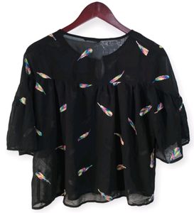 Feather Print Bell Sleeve Top