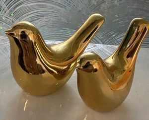 Set of 2 Gold Ceramic Bird Figurines