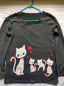 Black Kitty Printed Full Sleeve T-shirt Top