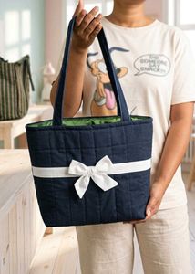 Quilted Navy Tote Bag with Bow