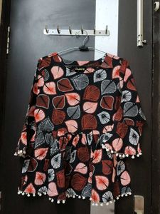 Boho Printed Peplum Kurta with Pom-Poms