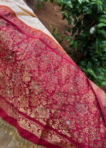 Elegant Cream &amp; Red Embroidered Saree
