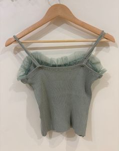 Sage Green Ribbed Tulle Trim Crop Top