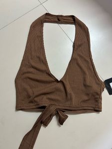 Brown Halter Neck Ribbed Crop Top