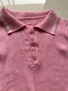 Pink Ribbed Button-Up Knit Top