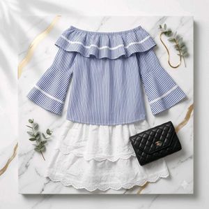 blue striped off shoulder top