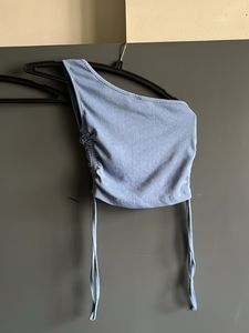Blue One-Shoulder Ruched Crop Top