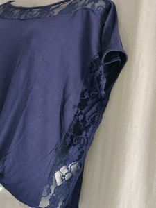 Navy Blue Lace Trim Tie-Front Top