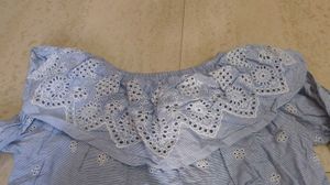 Blue Striped Off-Shoulder Eyelet Top