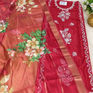 Maroon Sequined Kurta Set with Floral Dupatta