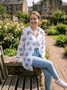 mesh White Daisy Print Button-Up Shirt