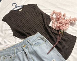 Y2K Brown Ribbed Knitted Vest