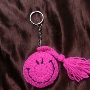 Cute Pink Smiley Crochet Keychain with Tassel