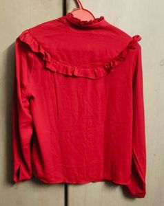Chic Red Ruffle Detail Button-Up Shirt