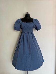 vintage Blue Smocked Puff Sleeve Dress
