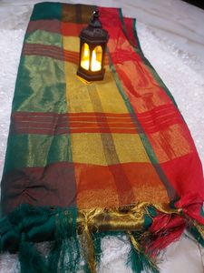 Green Saree And Red Deginer Blouse