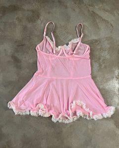 Vintage Aesthetic Pink Mesh Chemise with White Lac